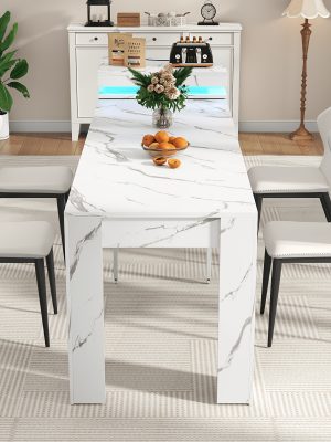 Extendable Dining Room Table with Charging Station & LED Lights, White Faux Marble Table, 19.7" to 98.4" Dining Table for 2-8, Modern Space Saving Kitchen Island Table, Rectangle Console Table for Living Room(No Chairs)