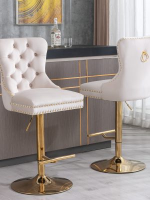 Thick Golden Swivel Velvet Bar Stools Adjust Seat Height From 27-35 Inches, Modern Upholstered Bar Stools with Comfortable Tufted Backs for Home Bars And Kitchen Islands (Set Of Two)