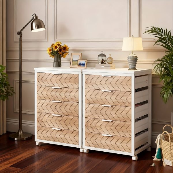 product-fancy-3969d032-ac70-4ac7-94fd-71affca90c5d 5-Drawer Beige & White Wood Mobile File Cabinet, Industrial Rolling Printer Stand with Herringbone Pattern for Home Office Storage, Durable Engineered Wood Design