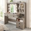 product-fancy-396f4b29-0d0e-403a-b446-028ff886f27b 47.2"W Farmhouse Vanity Makeup Vanity Desk with Mirror And Lights, Vanity Table with 4 Drawers & Shelves Big Makeup Desk with Charging Station for Bedroom, Dark Rustic Oak (Stool Not Included)