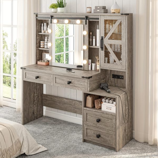 product-fancy-396f4b29-0d0e-403a-b446-028ff886f27b 47.2"W Farmhouse Vanity Makeup Vanity Desk with Mirror And Lights, Vanity Table with 4 Drawers & Shelves Big Makeup Desk with Charging Station for Bedroom, Dark Rustic Oak (Stool Not Included)