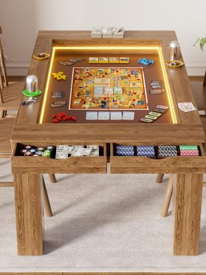 Dining Table Board Game Table with Removable Table Top, Gaming Table with Colorful LED Lights, Seats 4 to 6 Players with Detachable Hobby Tray for Card Games, Poker, Building Blocks