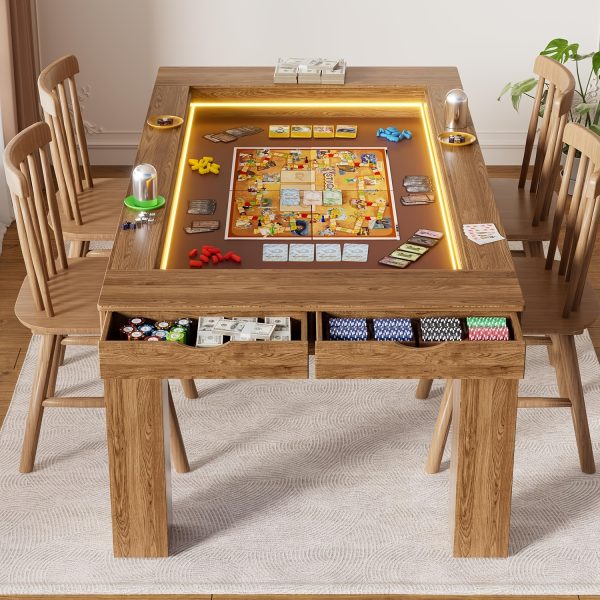 product-fancy-39a092e9-cee5-438b-b4f2-bbcd52e99e97 Dining Table Board Game Table with Removable Table Top, Gaming Table with Colorful LED Lights, Seats 4 to 6 Players with Detachable Hobby Tray for Card Games, Poker, Building Blocks