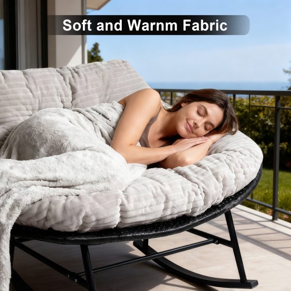[Outdoor Rocking Chair] Double Outdoor Rocking Papasan Chair, 2-Person Oversized Loveseat Rocker with Thickened Soft Cushion And Rattan Wicker Frame for Patio, Garden, Balcony Relaxation