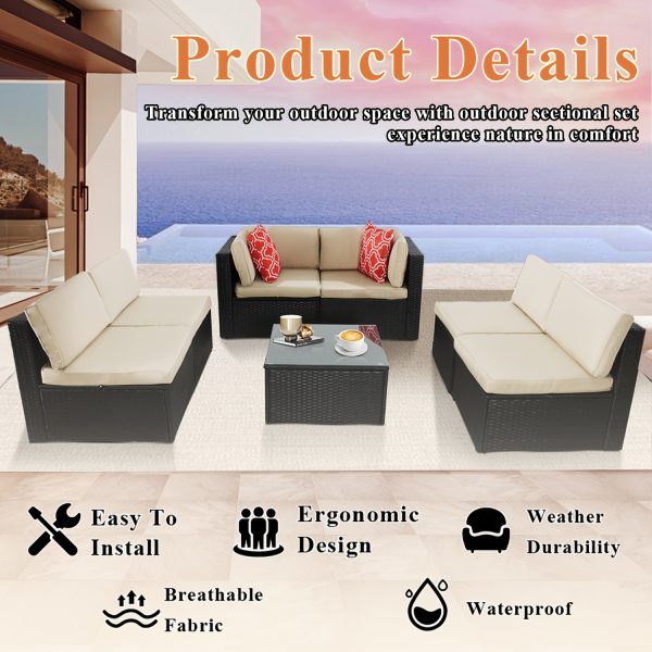 product-fancy-39da4632-b49b-4d7e-805d-a09826ee4276 Outdoor Patio Furniture Set, 7pcs Wicker Sectional Sofa And Coffee Table, Plush Cushions With 2 Soft Pillows, Rattan Patio Set For Porch, Garden, Or Backyard (Beige/Blue) - Patio Furniture Outdoor