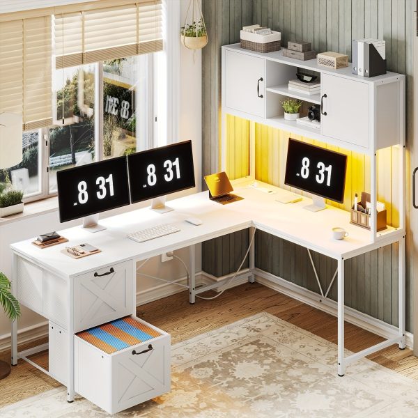 product-fancy-39fe4270-f436-47cb-b489-0b9369cf8a52 L-shaped Desk with Drawers, 62.2-inch Home Office Desk Featuring Fabric File Drawers and Power Outlets, L-shaped Desk with Storage Cabinet, Storage Shelf, LED Light