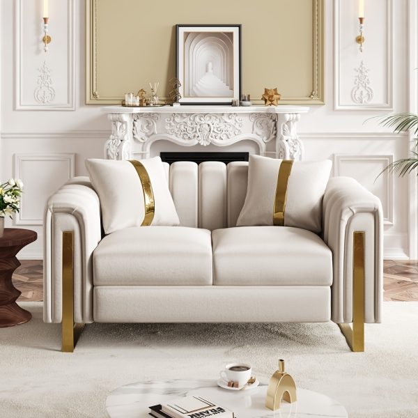 product-fancy-3a92436f-71ad-4589-a3be-a7864a94afac Set of 2 67" 2-Seater/ 84.7" 3-Seater Chesterfield Sofas Luxury Velvet Couches Modern White And Golden Sofas for Living Room, Mid-Century Victorian Loveseats with Removable Cushions And 2 Toss Pillows And Golden Metal Legs