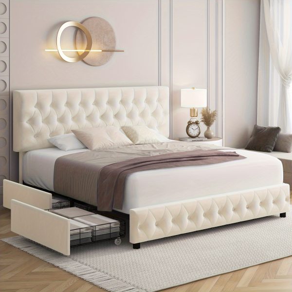 product-fancy-3a9deffb-d7f7-47cd-80a0-b6706ea20538 Modern Upholstered Bed Frame with 4 Storage Drawers, Platform Bed Frame with Button Tufted Headboard, Solid Wooden Slat Support