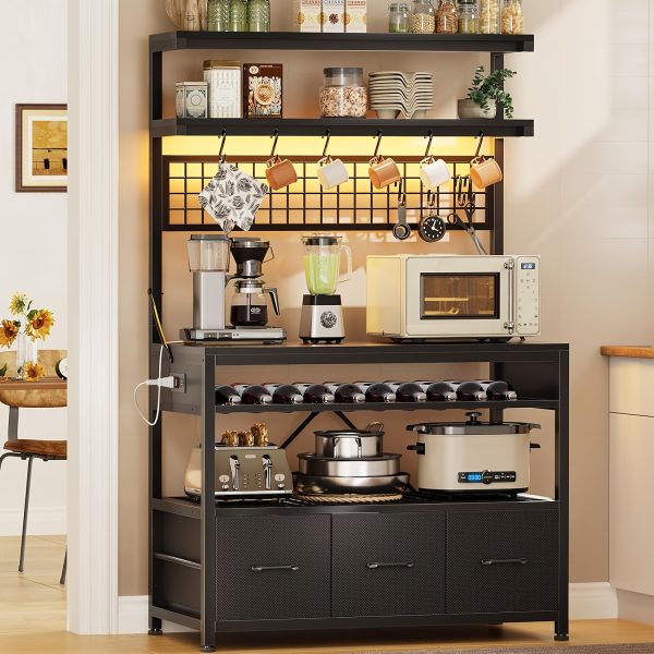 [Baker's Rack Outlet] Baker's Rack with Power Outlet, 6-Tier Microwave Rack with 3 Drawers, Wine Rack, LED Light And 10 Hooks, Kitchen Baker's Rack, Coffee Bar with Storage, Rustic Brown/Black/White