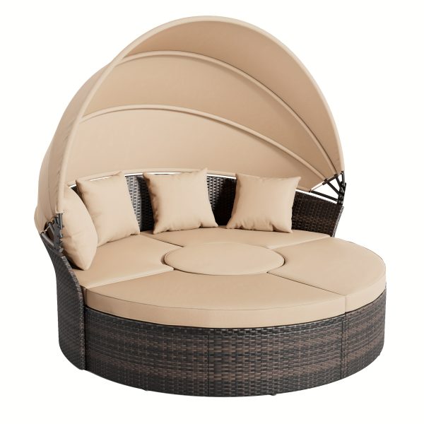 [Round Daybed With Canopy] Outdoor Patio Round Daybed With Retractable Canopy, Clamshell Sectional Seating Wicker Furniture With Washable Cushions For Backyard, Lawn, Poolside, Garden, And Outdoor Living Spaces, Brown