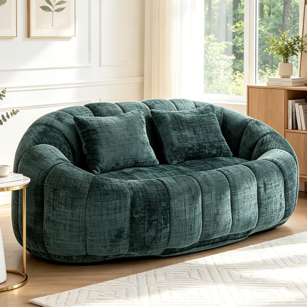 Oval Padded 2-Seat Beanbag Chairs, Upholstered Bean Bag Couch with 2 Pillows And Wrap-Around Backrest, Gaming Loveseat Sofa, Chenille Fabric Lazy Floor Beanbag Chair