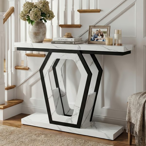 product-fancy-3b71d933-2b3c-40f6-ba72-f162fdcc8e11 47.3" Modern Console Table with White Marble Texture, Narrow Sofa Table for Entryway & Hallway, Slim Behind Couch Table with Openwork Bracket, Foyer Table for Living Room, Easy Assembly