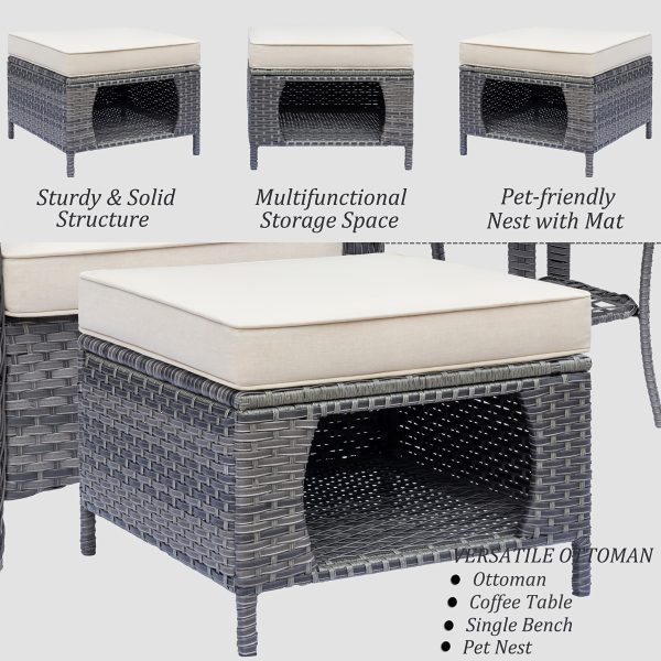2pcs Royal Craft Outdoor Patio Furniture Set | Hand-Woven Pe Rattan Ottomans With 3.15 Inch Thick Cushions, All-Weather Material, Movable Cushions, Multifunctional Use, Gray Wicker With Beige/Denim Blue Cushions