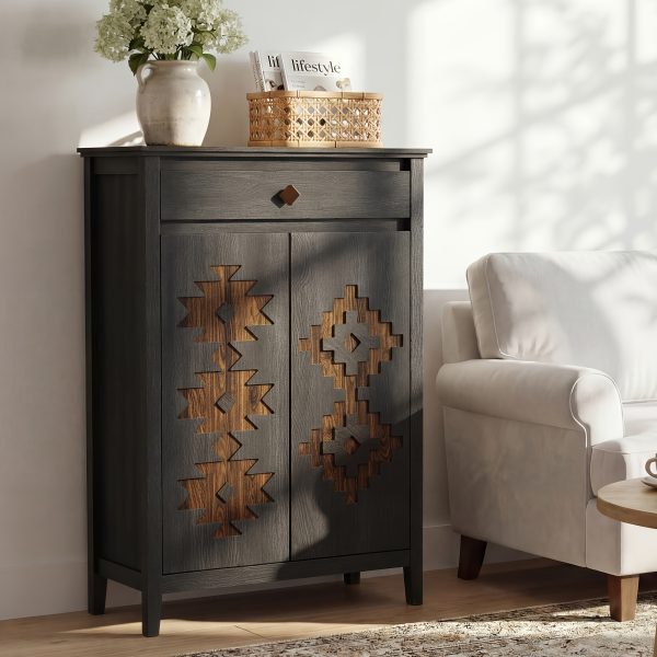A Five-Level Shoe Storage Unit Featuring Drawers, Crafted from Wood with Adjustable Shelves, a Standalone Walnut Shoe Organizer, Perfect for Entryways, Hallways, And Walk-In Closets