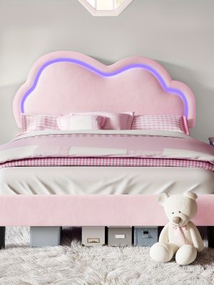 LUXOAK LED Velvet Platform Bed Featuring an Adjustable Cloud Headboard - No Box Spring Needed, Easy Assembly