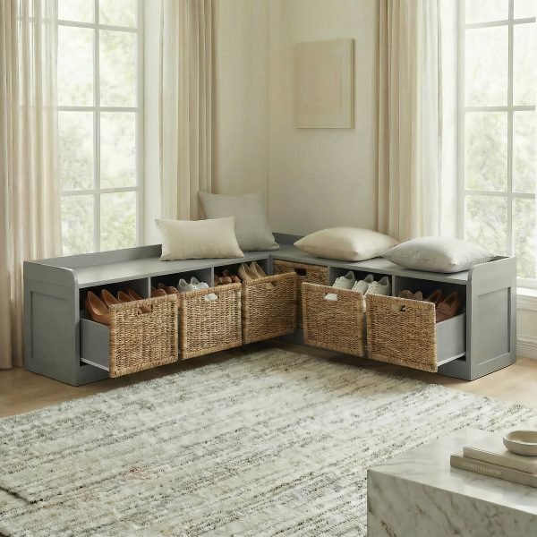 Modern L-Shaped Shoe Cabinet with 6 Rattan Drawers, Multi-Functional Wood Shoe Storage Cabinet with Storage Compartments, for Entryway And Living Room, Modern Design, Gray