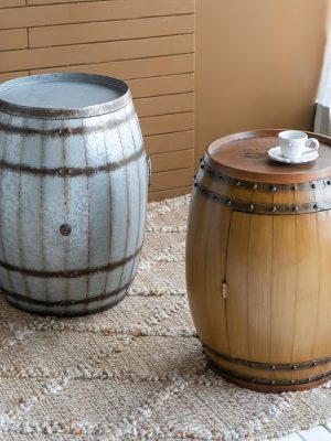 Barrel Shaped Side Table, Wine Cabinet, Coffee Table with Storage Space, Western Cowboy Style, Sturdy Metal Cast Small Coffee Table, Suitable for Sofa Side, Study, Living Room, Backyard Garden Terrace