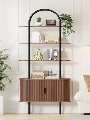 71" Tall Fluted Bookshelf | 4-Tier Mid Century Modern Metal Curved Bookcase With Storage Cabinet, Sliding Door, Adjustable Footpad, Freestanding Arched Organizer For Living Room, Bedroom, Home Office | Wood Color, Matte End, Hardwood, Lshuizhu Brand