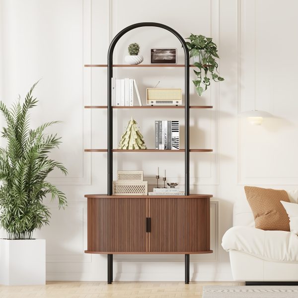 product-fancy-3d28e3ab-900d-4dbc-8f12-1279bcaa7aad 71" Tall Fluted Bookshelf | 4-Tier Mid Century Modern Metal Curved Bookcase With Storage Cabinet, Sliding Door, Adjustable Footpad, Freestanding Arched Organizer For Living Room, Bedroom, Home Office | Wood Color, Matte End, Hardwood, Lshuizhu Brand