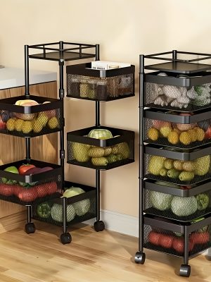 Rotating Kitchen Storage Shelf 5 Tier, Metal Fruit Vegetable Storage Basket Multi-Layer Vegetable Rack Storage Trolley on Wheels, Floor-Standing Basket for Kitchen Bathroom, Square