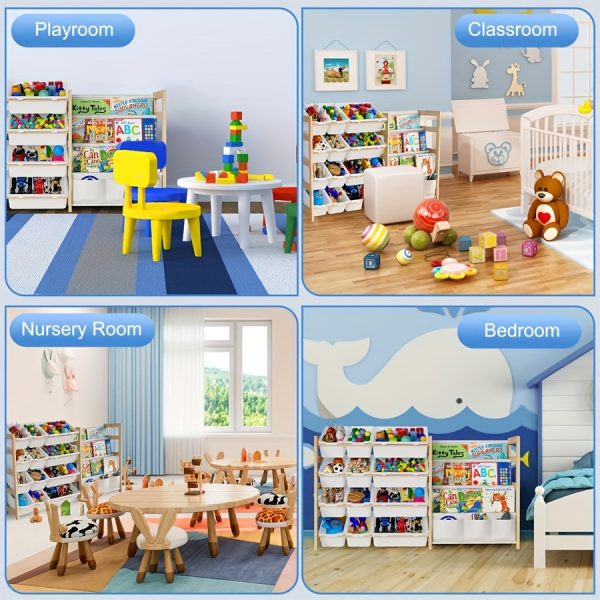 product-fancy-3d706b00-4758-406c-bc41-a3362f2aae93 2in 1 Kids Bookshelf And Child Storage Organizer with 12 Bins And 4 Tier Book Shelf for Playroom, Classroom, Nursery Room, Bedroom, Kindergarten, School, Perfect Gift for Christmas, Halloween, Thanksgiving, Easy to Installation, Space Saving