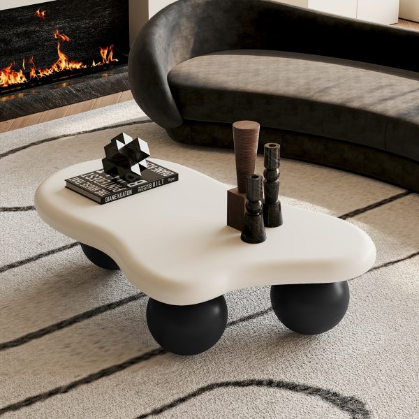 product-fancy-3d8ed3e8-5bd4-4c88-9f0d-333316709361 40 Inch Cloud Shaped Coffee Table with 3 Ball Legs Modern Irregular Accent Table White Top Black Legs Sturdy MDF Construction Smooth Curved Corners Child Pet Friendly Easy Assembly Spacious Surface for Living Room Bedroom Apartment Home