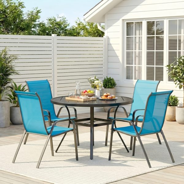 5pcs Patio Dining Set for 4, Outdoor Table And Chairs W/ 1.57"-1.9" Adjustable Umbrella Hole And Foot Pads, All Weather 42" Round Metal Table And Stackable Textilene Chair
