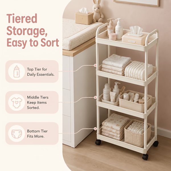 product-fancy-3e8cbb6c-ceba-4643-ad7b-708fb4359056 4-Tier Household Portable Floor Standing Nursing Cart with Handles, Storage Cart, Adjustable Multi-Level Changing Stand for Diapers, Bottles, And More