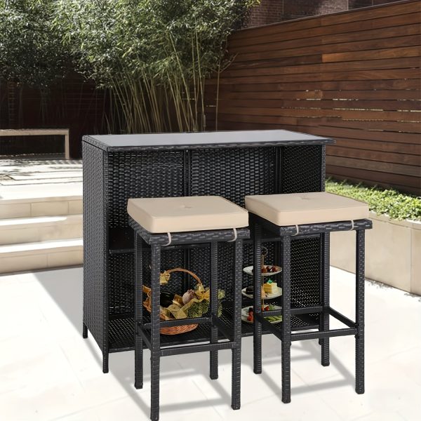 3pcs Outdoor Wicker Patio Bar Set with Hidden Storage Shelf, Brown Glass Top Table with Two Matching Stools and Comfortable Cushions for Backyard, Garden, Poolside and Patio