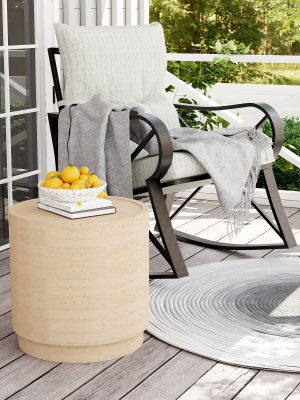 14" Travertine Magnesium Oxide Side Table, Desert Sand Finish Available In Square Or Round - Natural Stone Accent End Table for Living Room, Bedroom, Balcony
