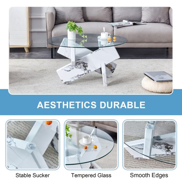 product-fancy-3f4f7f73-fa8f-419e-920f-7c5b6825ddf2 Modern Round Glass Coffee Table 33.4", Clear Tempered Glass Top with White Patterned MDF Legs, Stable Load Bearing 130 Lbs, Unique Contemporary Center Table for Living Room, Dining Room, Apartment, Easy Assembly In 10-15 Minutes.