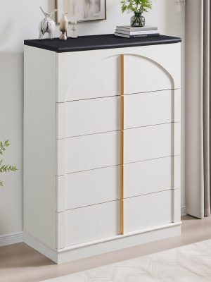 JXQTLINGMU Modern 5 Drawers Dresser For Bedroom With Arched Panel, 44" Tall Dresser For Closet With Metal Handles, Push-to-Open Wood Storage Closet Dressers Tv Stand For Living Room, Hallway