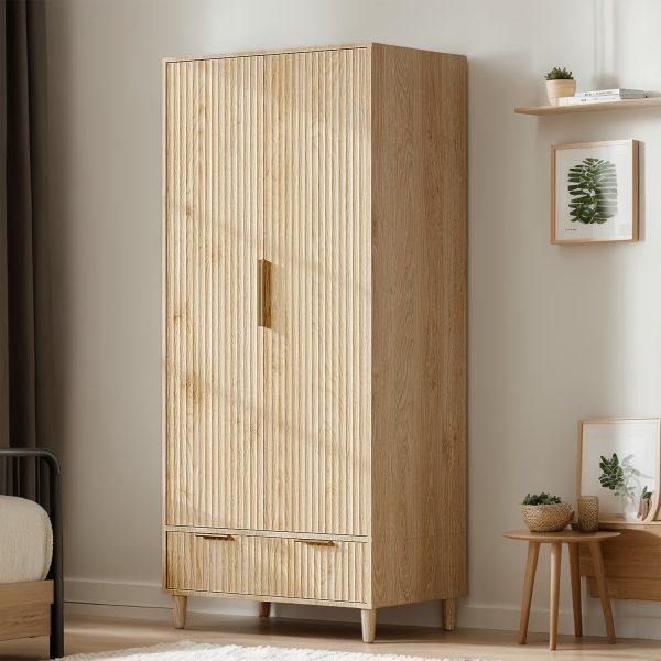 product-fancy-3f7a79b8-6dae-4f0c-b46f-7f27a5612da6 Bonnlo Fluted Wardrobe Armoire - Freestanding Wood & MDF Cabinet with Hanging Rack, Shelves & Drawers, Pre-Assembled Bedroom Closet Suitable for Apartments, Dorms, Small Spaces