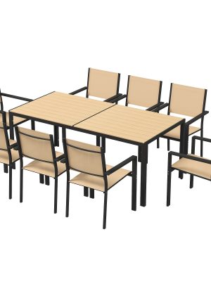 9pcs Patio Table And Chairs Set, Outdoor Furniture with Large Table And 8 Chairs, Dining Table Set for Backyard, Courtyard, Poolside, Brown