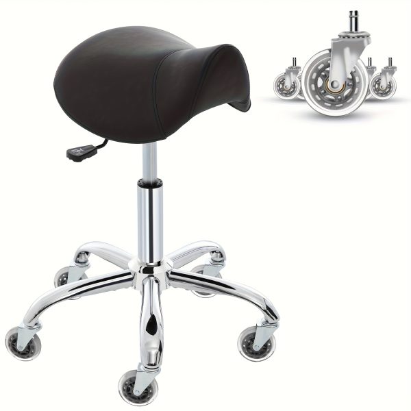 product-fancy-3fc1b706-5558-4bb9-b6e9-371d3bdc623d Swivel Adjustable PU Leather Chair - Ergonomic Saddle Stool with Wheels | for Drafting, Office, Clinic, Beauty & Tattoo - Metal Frame, Polished Finish, Memory Foam