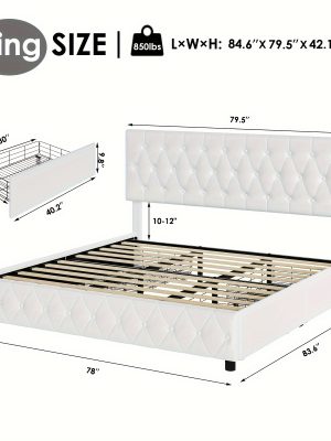 Modern Upholstered Bed Frame with 4 Storage Drawers, Platform Bed Frame with Button Tufted Headboard, Solid Wooden Slat Support