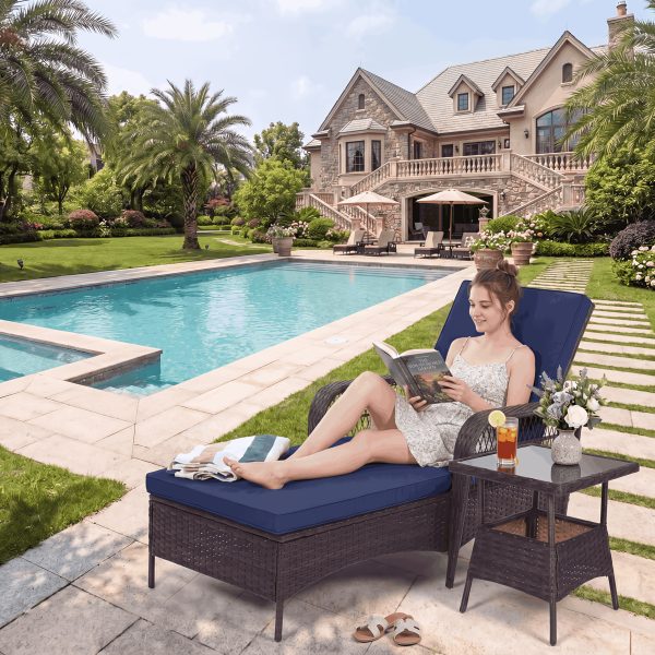 [3pcs Wicker Chaise Set] LEVELEVE 3pcs Outdoor Wicker Chaise Lounge Set with Foam Cushions & Tea Table - All-Weather PE Rattan Recliner Chairs Suitable for Backyard, Poolside, Patio Furniture, Adjustable Chaise Loungers for Deck, Porch, Garden