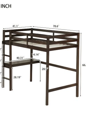 BELLEMAVE Twin High Loft Bed, Rubber Wood Loft Bed with Safety Guardrail, Built-In Desk, Ladder, Espresso
