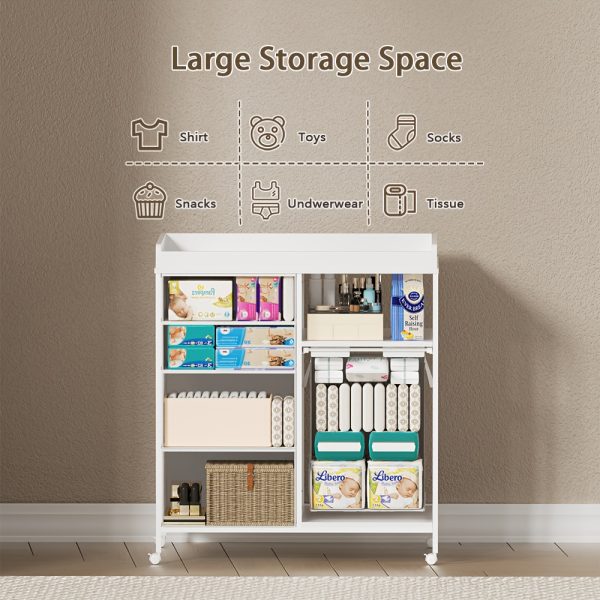 product-fancy-40318b76-1163-44f2-a8dc-4e44416995bf Baby Changing Dresser, 4-Drawer Baby Dresser with Changing Table Top, Diaper Changing Station & Pad, 2 Open Storage Shelves, Mobile Nursery Organizer, White