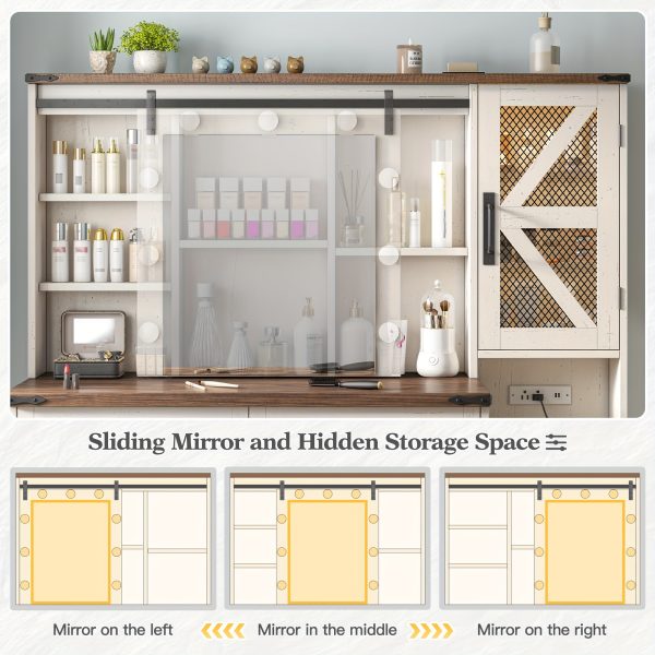 product-fancy-4065cb56-38a1-4bc9-914e-e7cf7b7fd403 47.2"W Farmhouse Vanity Makeup Vanity Desk with Mirror And Lights, Vanity Table with 4 Drawers & Shelves Big Makeup Desk with Charging Station for Bedroom, Dark Rustic Oak (Stool Not Included)