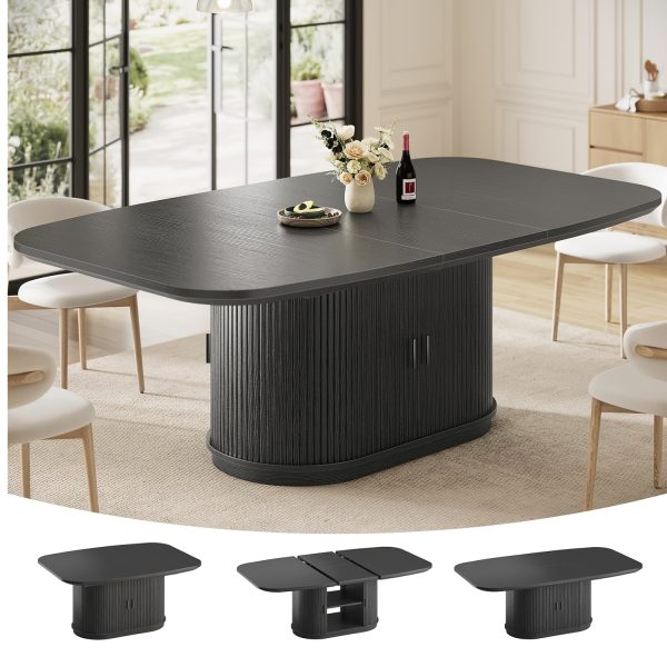 47''-63'' Extendable Dining Table Suitable for 4-8 People, Expandable Modern Fluted Kitchen Table with 2-Tier Storage Shelf, Space-Saving Folding Table for Small Apartments, Folding Mechanism & Natural Wood, Assembly Required