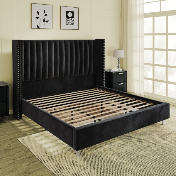 product-fancy-41b119a6-7c54-4b93-bfa9-2252d5ca1f26 PaPaJet Bed Frame with Vertical Channel Upholstered Tufted Velvet Wingback Headboard, Platform Bed, No Box Spring Needed, Easy Assembly