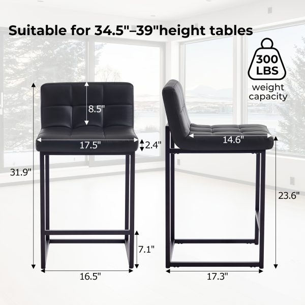 product-fancy-41dca0ec-a3af-4f67-a208-86c8360b6579 DMKAI Set Of 2 Modern Counter Height Bar Stools - Black Faux Leather Upholstered, Diamond-Tufted Seat, Sturdy Black Metal Cantilever Base with Footrest | Minimalist Bar Stools for Kitchen Island