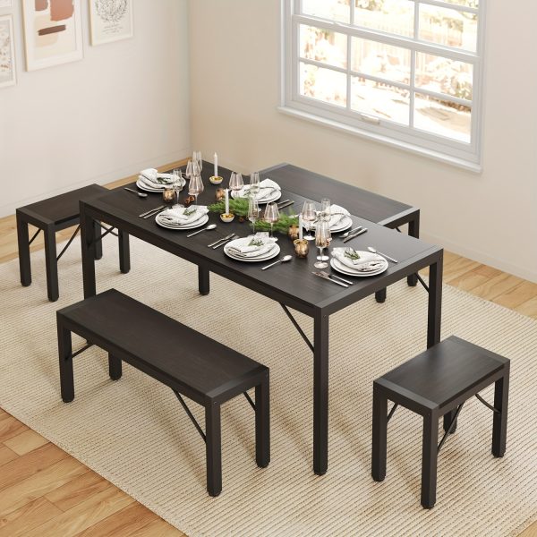 product-fancy-424367d6-e5d0-4ede-9e22-5655fc432800 Non-Folding 5pcs Indoor & Outdoor Dining Table Set, 6 Seater Patio Kitchen Table with 2 Benches & 2 Stools, Industrial Space-Saving Set for Picnic, Camping, Backyard