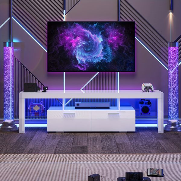 product-fancy-42ad594c-cff4-424b-bdec-149fef5c359c 71" High Gloss LED TV Stand for 55/65/75/80 Inch TVs, Gaming Entertainment Center with Cabinet for PS5, Modern Media Console TV Stand with LED Lights, Wood Television Stand with Storage for Living Room, Game Room, Bedroom, White/Black