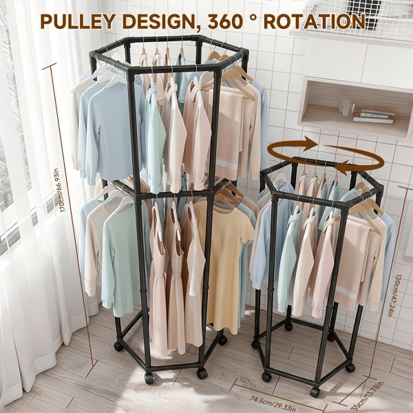 product-fancy-43dcc3cf-ec1a-478d-863a-305a930ca7cc Rotating Clothing Rack with Wheels, Heavy Duty Metal Garment Rack for Hanging Clothes, Multifunctional Rotating Clothing Organizer, Freestanding Closet Organizer for Bedroom, Laundry Room, Space Saving Closet Storage for Coats, Dresses, Pants