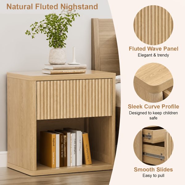 product-fancy-43fbfcaa-26e3-41f8-b078-172f7f4d204c Modern Space-Saving Nightstand with Hidden Drawers & Open Shelf - Curved Bedside Table Suitable for Small Bedrooms, Freestanding Assembly Required Bedside with Concealed Drawers and Open Shelves for Narrow Spaces