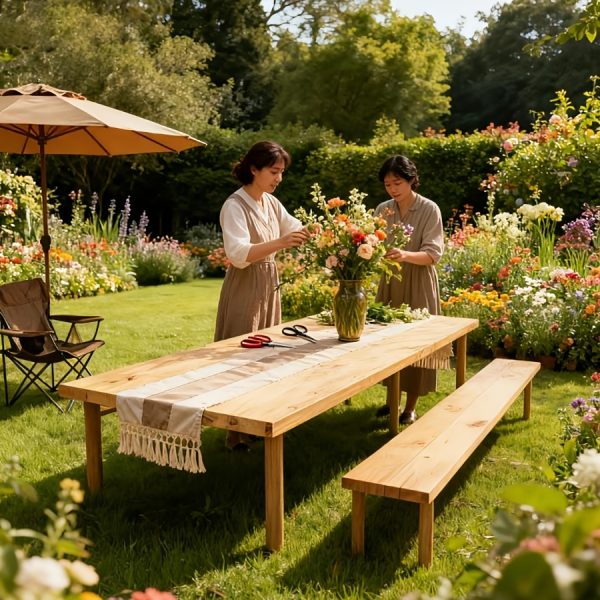 product-fancy-441132b5-40cc-4a19-9c10-b4b5c390cc73 Portable Bohemian Style Low Picnic Table | Foldable Beach and Outdoor Table with Tablecloth, Pine Wood, Suitable for Beach, Camping, Outdoor Gatherings, Backyard Use, Size: 59.8*29.9*16.9 inches