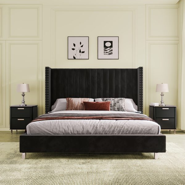 product-fancy-4424ecf2-72a6-4af3-b3ea-9b10b1dc6f9b PaPaJet Bed Frame with Vertical Channel Upholstered Tufted Velvet Wingback Headboard, Platform Bed, No Box Spring Needed, Easy Assembly