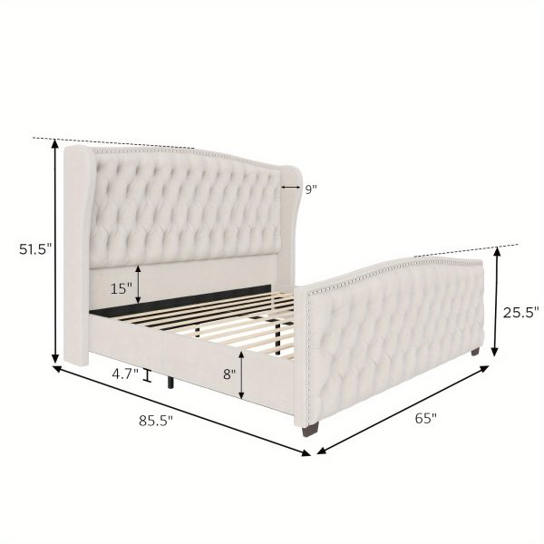 product-fancy-442884e4-8722-4ed8-8d94-629e133b65a0 Handcrafted Velvet Bed Frame Featuring a Wingback Headboard, Adorned with Button Tufting And Nailhead Accents, Supported by Wooden Slats.